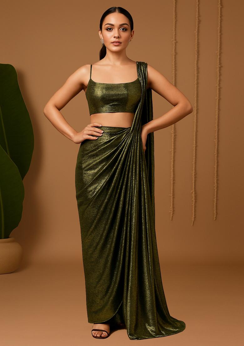Green Self Design Pre Draped Saree Set