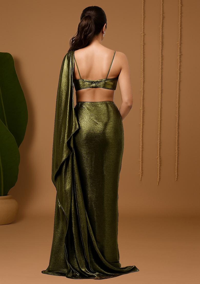 Green Self Design Pre Draped Saree Set