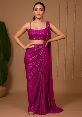 Hot Pink Sequin Embellished Georgette Pre Draped Saree Set