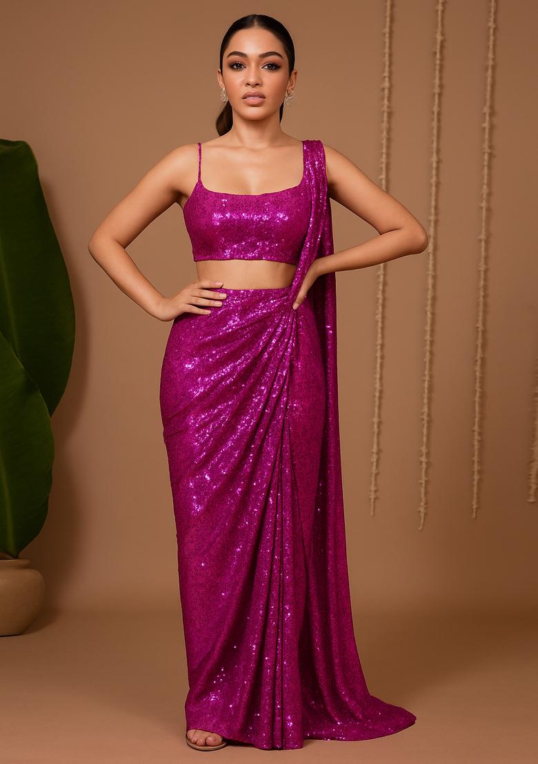 Hot Pink Sequin Embellished Georgette Pre Draped Saree Set