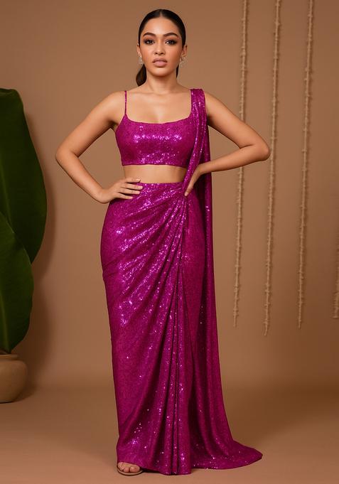 Hot Pink Sequin Embellished Georgette Pre Draped Saree Set