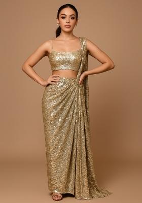 Rose Gold Embellished Georgette Pre Draped Saree Set