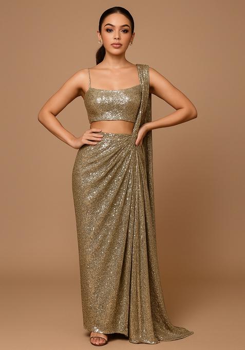 Rose Gold Embellished Georgette Pre Draped Saree Set