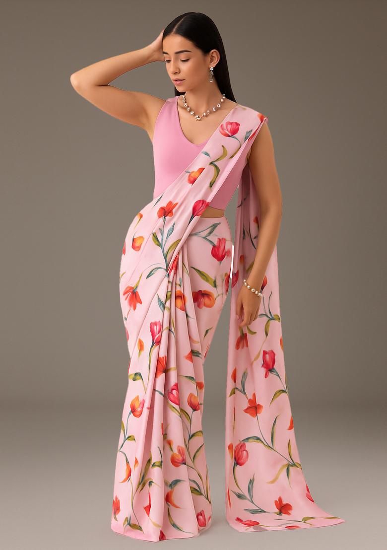 Pink Printed Pre Draped Saree Set