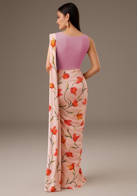 Pink Printed Pre Draped Saree Set