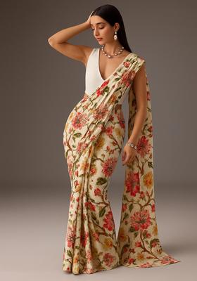 Beige Printed Polyester Pre Draped Saree Set
