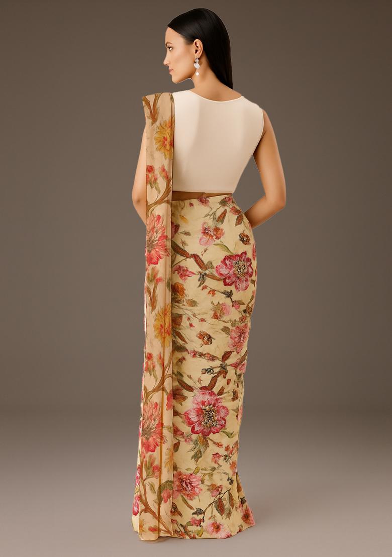 Beige Printed Pre Draped Saree Set