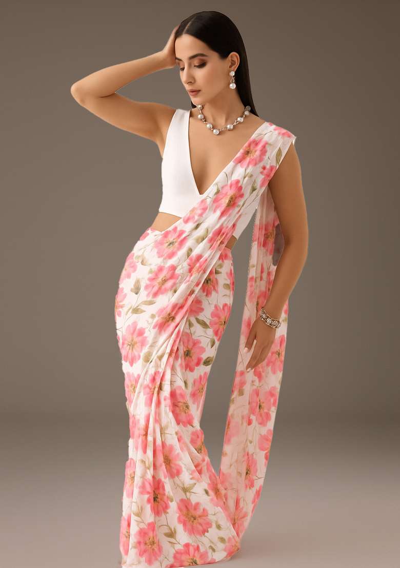 Pink Printed Chiffon Pre Draped Saree Set - Indya