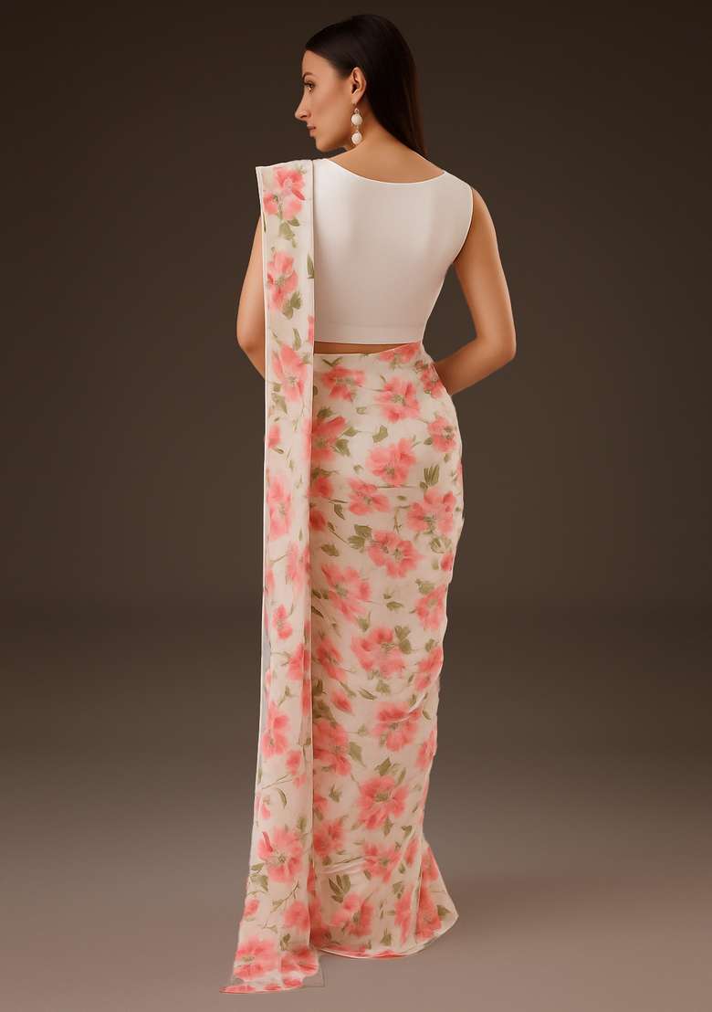Pink Printed Chiffon Pre Draped Saree Set - Indya