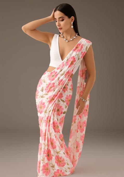Pink Printed Chiffon Pre Draped Saree Set