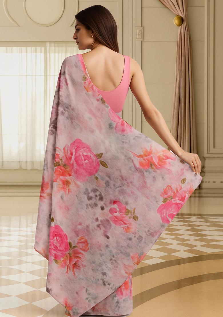 Pink Printed Organza Pre Draped Saree Set