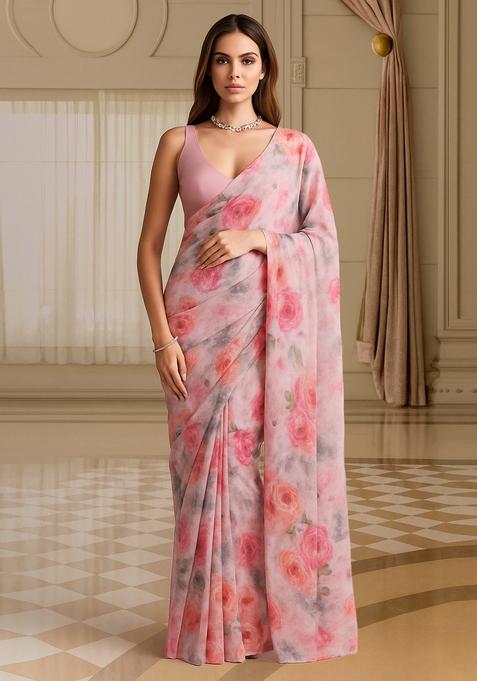 Pink Printed Organza Pre Draped Saree Set