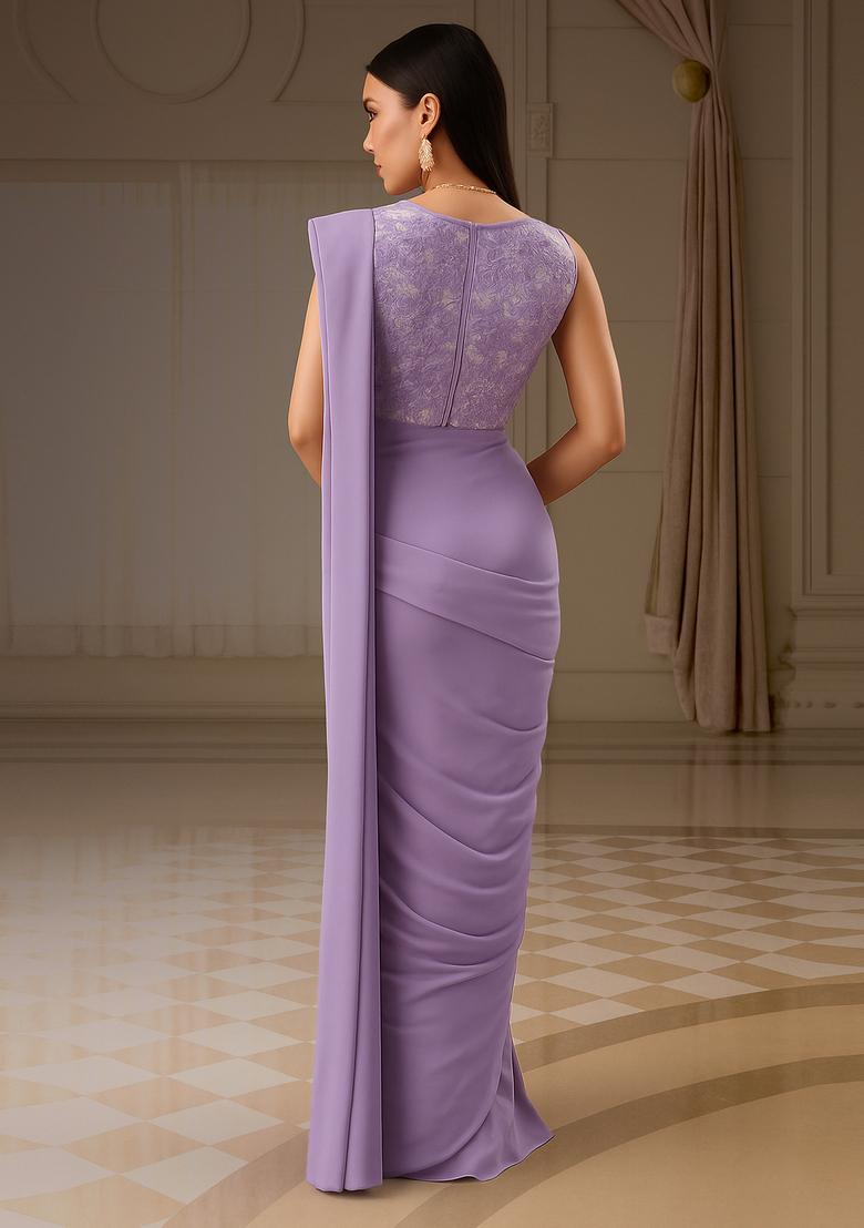 Lilac Embroidered Silk Pre Draped Saree Set