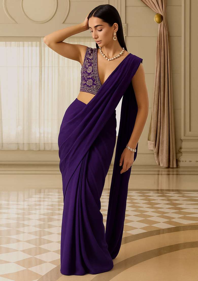 Purple Embroidered Georgette Pre Draped Saree Set for Diwali and Festive Wear - Indya