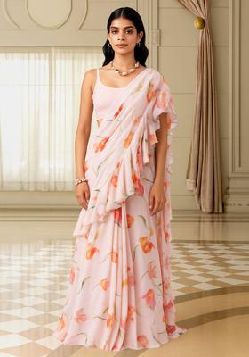 Pink Printed Polyester Pre Draped Saree Set