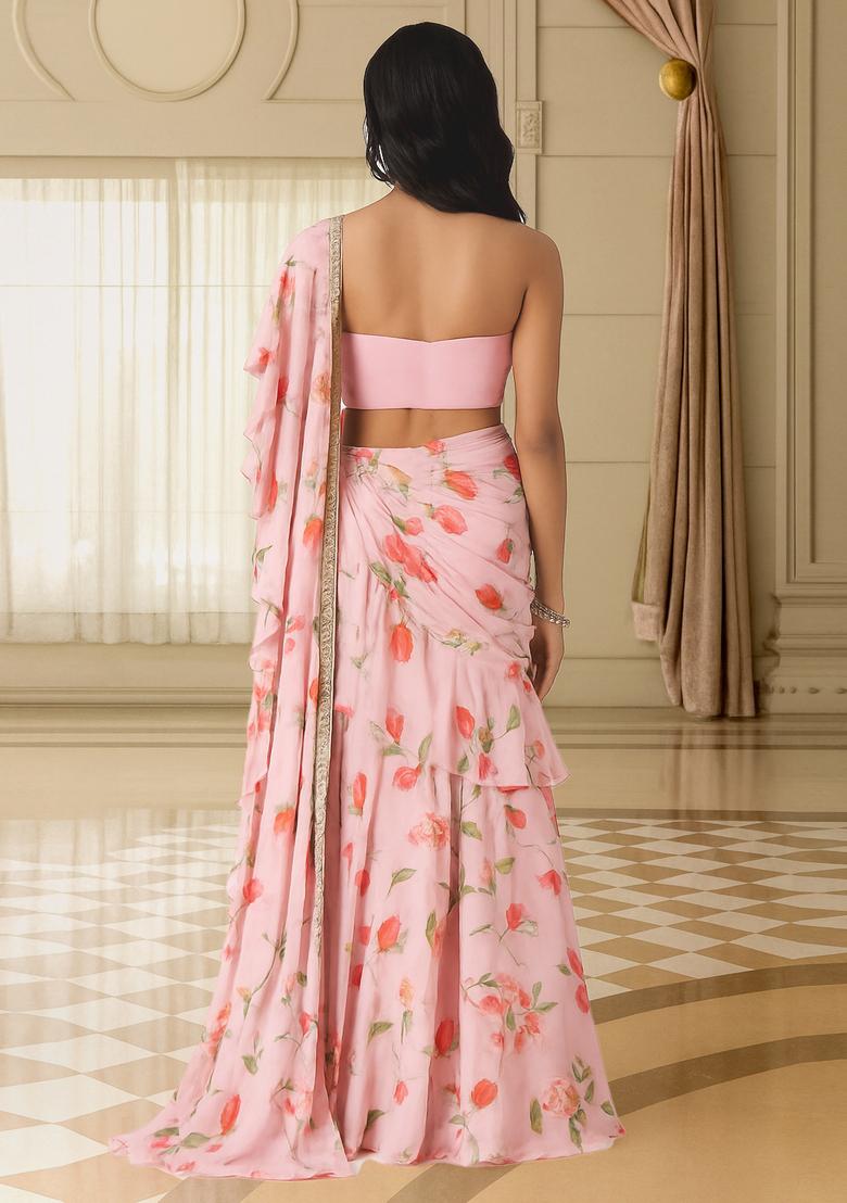 Pink Printed Pre Draped Saree Set