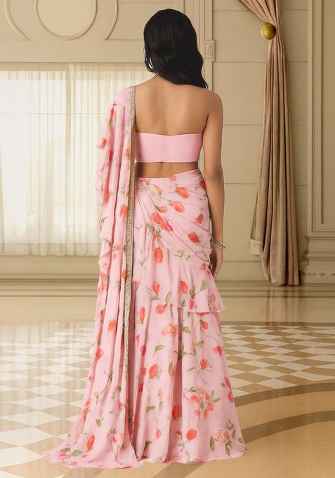 Pink Printed Pre Draped Saree Set