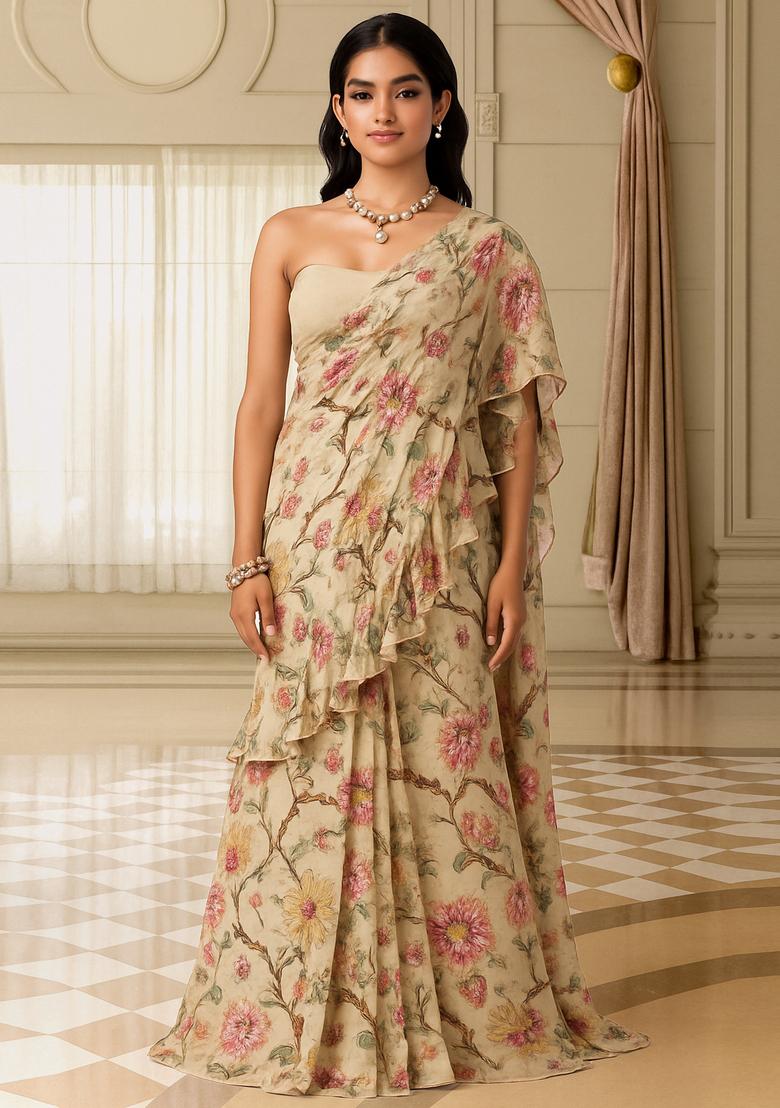 Beige Printed Pre Draped Saree Set