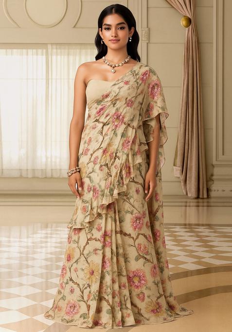 Beige Printed Pre Draped Saree Set