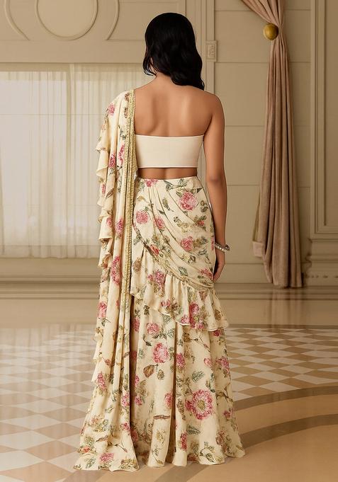 Beige Printed Pre Draped Saree Set