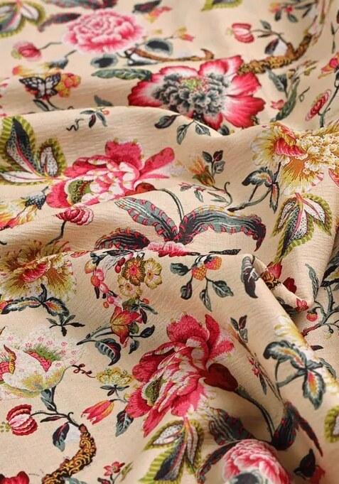 Beige Printed Pre Draped Saree Set