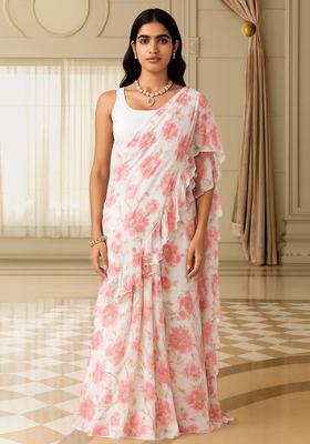 Pink Printed Chiffon Pre Draped Saree Set