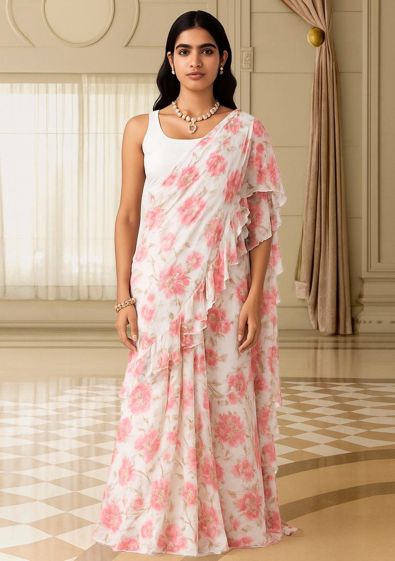 Pink Printed Chiffon Pre Draped Saree Set