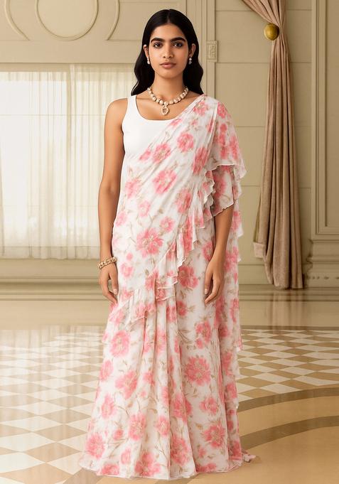 Pink Printed Chiffon Pre Draped Saree Set