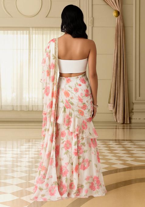 Pink Printed Chiffon Pre Draped Saree Set