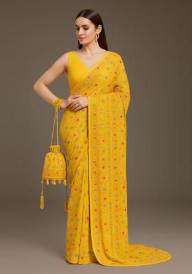Yellow Embroidered Chanderi Pre Draped Saree Set