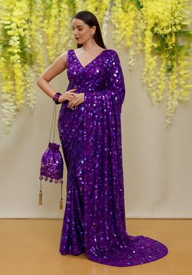 Purple Sequin Embellished Net Pre Draped Saree Set