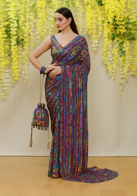 Multicolor Embellished Net Pre Draped Saree Set
