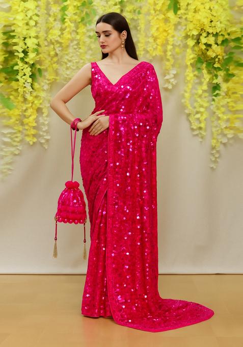 Hot Pink Embellished Net Pre Draped Saree Set