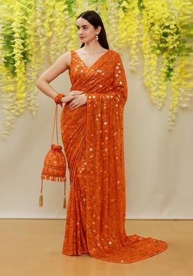 Light Orange Embellished Net Pre Draped Saree Set