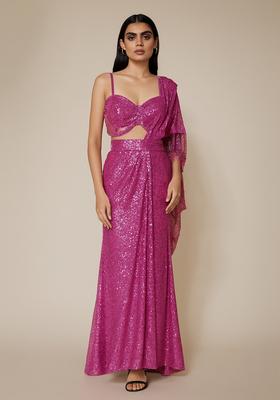 Pink Embellished Net Pre Draped Saree Set