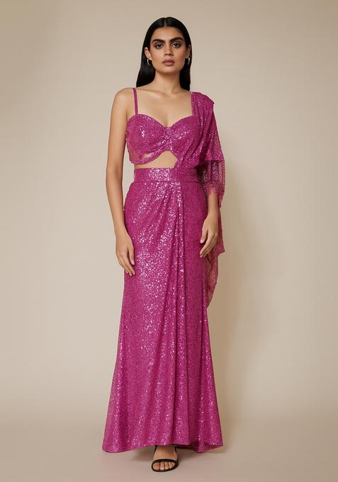 Pink Embellished Net Pre Draped Saree Set