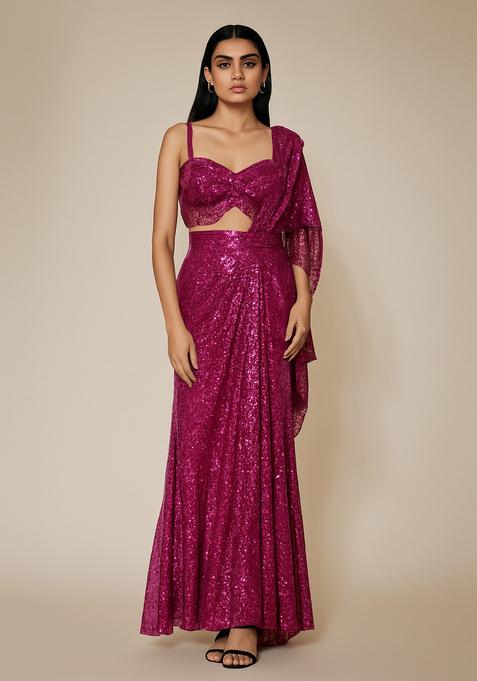 Hot Pink Embellished Net Pre Draped Saree Set