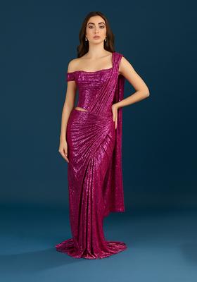 Hot Pink Sequin Embellished Georgette Pre Draped Saree Set