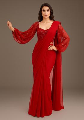 Maroon Embroidered Blouse Georgette Pre Draped Saree Set