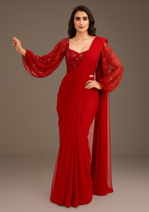 Maroon Embroidered Blouse Georgette Pre Draped Saree Set