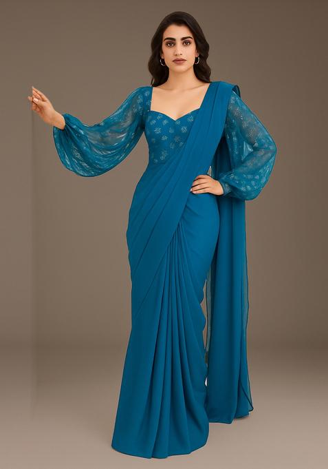Teal Blue Embroidered Blouse Georgette Pre Draped Saree Set