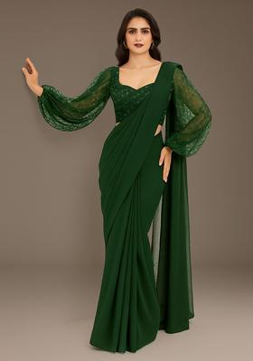 Green Embroidered Blouse Georgette Pre Draped Saree Set