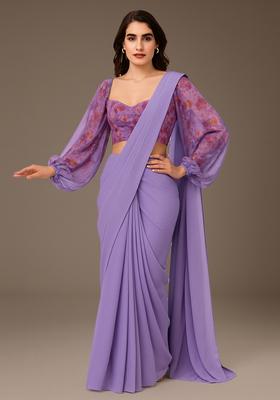 Lavender Embroidered Blouse Georgette Pre Draped Saree Set