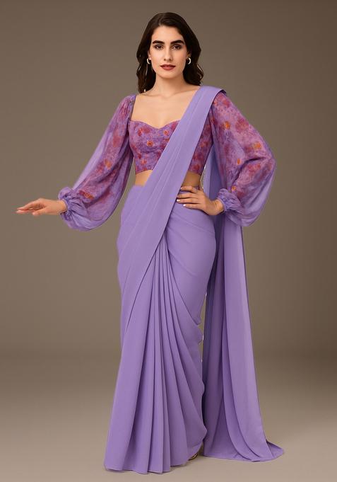 Lavender Embroidered Blouse Georgette Pre Draped Saree Set