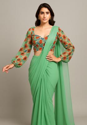 Light Green Embroidered Blouse Georgette Pre Draped Saree Set