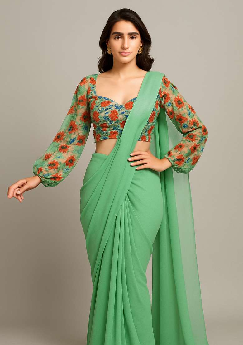 Light Green Embroidered Blouse Georgette Pre Draped Saree Set - Indya