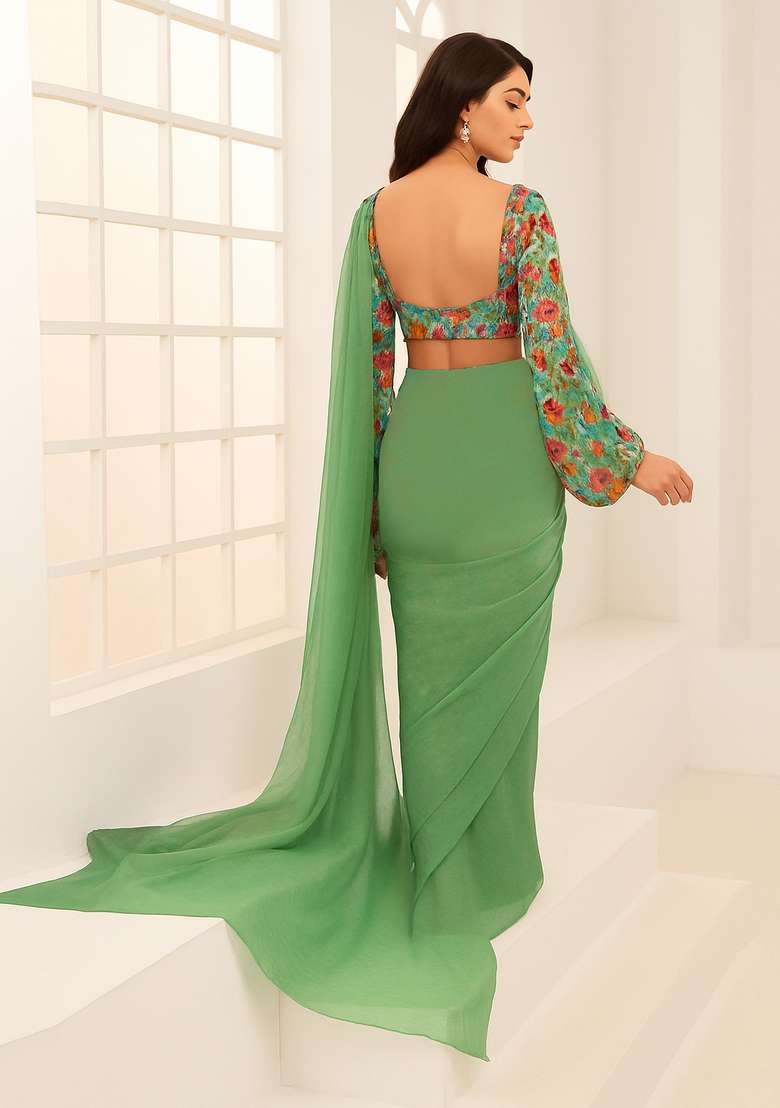 Light Green Embroidered Blouse Georgette Pre Draped Saree Set - Indya