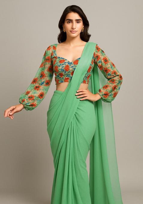Light Green Embroidered Blouse Georgette Pre Draped Saree Set