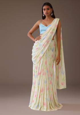 Beige Printed Organza Pre Draped Saree Set