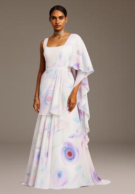 Purple Printed Linen Pre Draped Saree Set